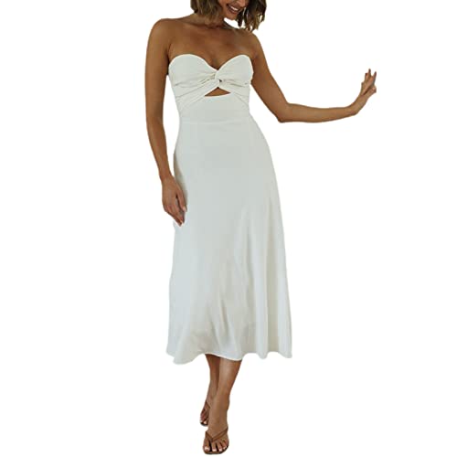 Women Strapless Tube Top Dresses Sexy Off Shoulder Ribbed Knit Bodycon Bandeau Dress Casual Party Maxi Dress Clubwear (A White, S) #TOP3