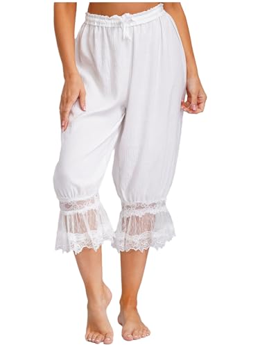 Women Lace Trim Long Bloomers Elastic Waist Drawstring Loose Harem Pants Medieval