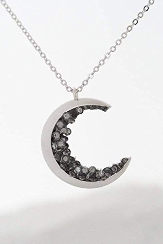 Silver Plated Crescent Moon Encrusted with Black Crystals Jewels Long Necklace2