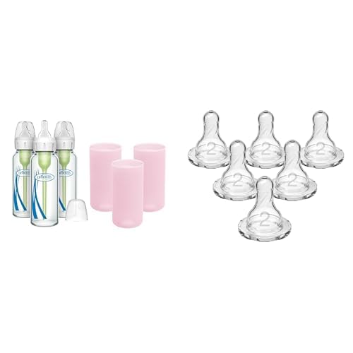 Dr. Brown's Anti-Colic Options+ Narrow Glass Baby Bottles 8oz and Level 1 Slow Flow Nipple, 3-Pack 0m+ and Pink Silicone Sleeves and Level 2 Medium Flow Nipple, 6 Pack 3m+