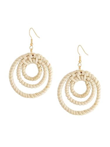 Image of MINACHI Boho Chic Handmade Rattan Wood Dangle Drop Earrings for Women, Bohemian Summer Beach Statement Jewelry Gift for Women