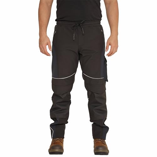 Sam Caan® Hi Vis Mens Work Trousers Softshell Men High Visibility Viz Reflective Water Resistant Combat Cargo Rain Proof Repellent Windproof Safety Site Work Wear Builder Pants Soft Shell Workwear