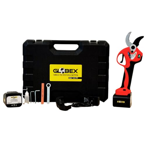GLOBEX Tijeras para poda, GX-40-FP, 2 baterías de litio 18 V-4,0 Ah, 1050 W de potencia, cargador de 2 vías, llaves de repuesto de hoja, pipeta para lubricante, lima, maletín para transporte