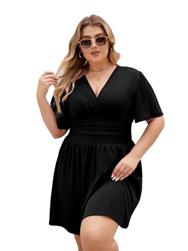 LIAMERHE Damen Übergröße Sommerkleid mit V-Ausschnitt und Schmetterlingsärmeln A-Linie Kurzarmkleid für Mollige Frauen Elegantes Casual Mode Freizeitkleid in Plus Size Schwarz 3XL LIAMERHE Damen Übergröße Sommerkleid mit V-Ausschnitt und Schmetterlingsärmeln A-Linie Kurzarmkleid für Mollige Frauen Elegantes Casual Mode Freizeitkleid in Plus Size Schwarz 3XL