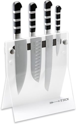 F. DICK 4Knives weiß 1905 4-teilig (Messerblock aus Acrylglas, LxBxH 24 x 12,5 x 42 cm, Kochmesser, Santoku mit Kullenschliff 18 cm, Brotmesser 21 cm, Officemesser 9 cm) 81972000-05, Acryl