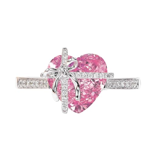 Dainty Cute 925 Silver Pink Heart Shaped Zircon Ring Bow Tie Ring for Women Anniversary Wedding Engagement Promise Rings CZ Diamond Eternity Band Opening Adjustable Ring (Pink)