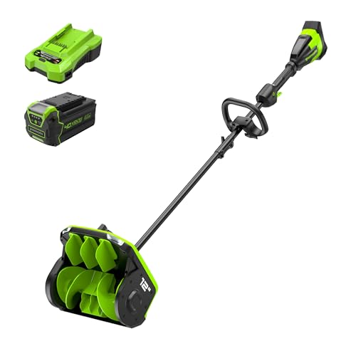 Image of Greenworks 40V 12in Brushless Snow Shovel with LED Light, Directional Chute Control, and Enclosed Battery Cover with 4.0Ah Non-USB Battery and 2A Single Port Charger