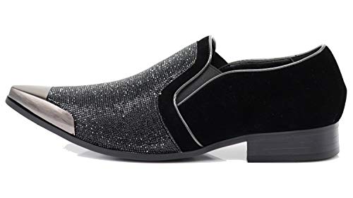 Image of Enzo Romeo Crisiano Men Rhinestone Chrome Toe Suede Pointy Dress Loafer Slip On Shoes