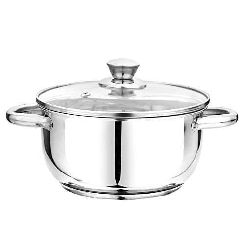 Image of Pristine Stainless Steel Tri Ply Induction Base Cook n Serve Casserole with Glass Lid, 14cm, (1L, Silver)