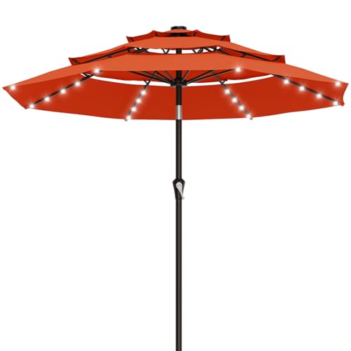 Image of AreShark 9ft 3 Tiers Patio Umbrella with Solar Lights, Outdoor Umbrella w / 32 LED Lights&8 Sturdy Ribs, Table Umbrella for Deck, Backyard, Pool (Orange)