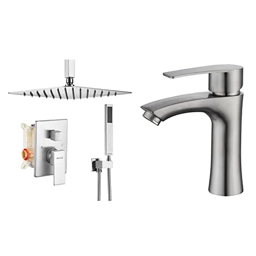 ESNBIA Ceiling Shower System 10 Inches Rain Shower Head with Handheld Combo Set+Bathroom SInk Faucet Brushed Nickel