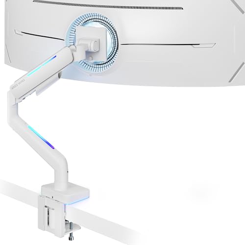 ARES WING Desk Monitor Mount for 17 to 49 Inch Curved and Ultrawide Monitor, Single Monitor Arm Support up to 44lbs, Adjustable Gas Spring Clamp and Grommet Computer Monitor Arm, White