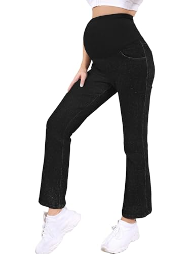 Choomomo Mujer Vaqueros Embarazadas Algodón Pantalones Embarazados Pantalones de Maternidad Pantalones Elásticos de Cintura Alta para Embarazadas, negro y gris, M