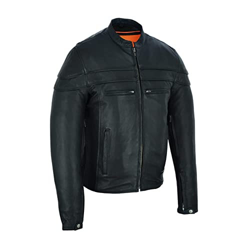 Daniel Smart Leather Motorcycle Jacket Men Sporty Black Leather Biker Jacket with Stripe Detailing and Multiple Carry Pockets