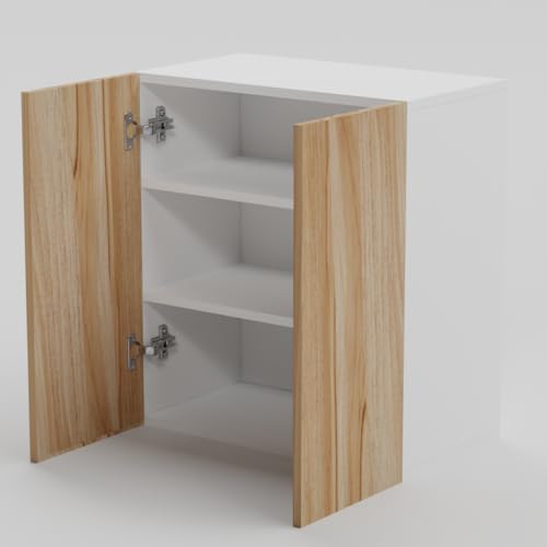Image of 2 Door Multipurpose Wall Mounted Cabinet with Adjustable & Fixed Shelf | Storage for Modular Kitchen, Bathroom, Office & Living Room | DIY | Color-White & Asian Light | Size-60x33x63.8 Cm
