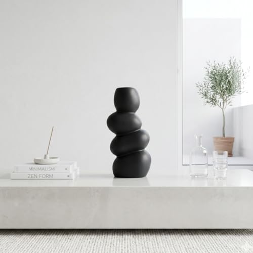 Image of Ceramic Stone Vase for Home Decor Ceramic Vase for Pampas Grass, Abstract Bubble Stacked Pebble Design, Minimalist Ceramic Vases for Flowers (Black Pebble)