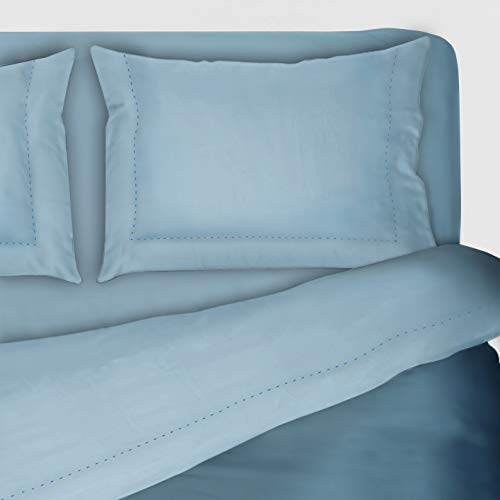 I SOGNI Juego de sábanas bordadas de 3 volantes de color liso puro algodón juego de sábanas + fundas de almohada (2 plazas, matrimonial, celeste)