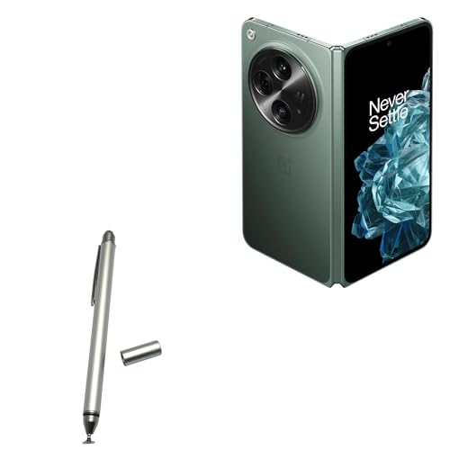 BoxWave Stylus Pen Compatible with OnePlus Open - DualTip Capacitive Stylus, Fiber Tip Disc Tip Capacitive Stylus Pen - Metallic Silver