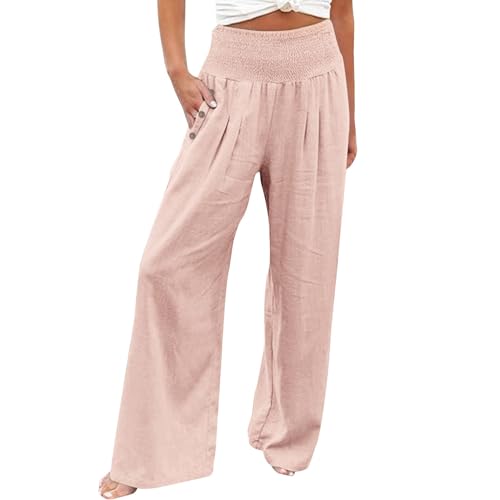 SHAOBGE Summer 2025 Womens Fashion Women Linen Palazzo Pants Summer Comfy Flowy Wide Leg High Waist Casual Loose Beach Lounge Pant Trouser Pink Black Trousers for Women Large