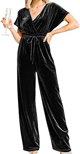 YMDUCH Women's Casual Short Sleeve Belted Long Wide Leg Pant One ...