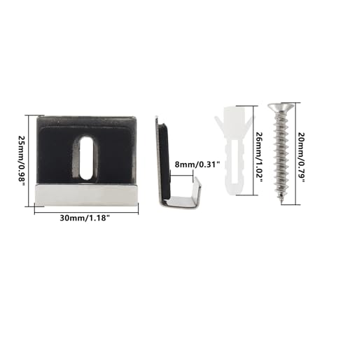 Image of Metal Mirror Clip,ULIFESTAR SUS304 Wide Channel Mirror Hanger Clip,Large Mirror Retainer Clip,Heavy Frameless Mirror J-Channel Mount Wall Clips with Screw 25*30mm /0.98*1.18 inch with Gasket Silver 16PCS