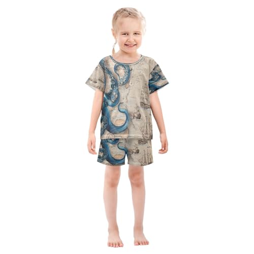 ALAZA Nautical Map Blue Octopus Watercolor Pajamas Set Short Sleeve Cotton Sleepwear Summer Pjs 2 Piece 5-14Y3