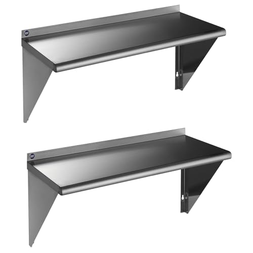 Image of ROCKPOINT Stainless Steel Shelf 18 x 36 Inches 350lb, 2 Pack NSF Metal Commercial Shelves Wall Mount Floating Shelving with Backsplash for Restaurant, Kitchen, Home and Hotel, Silver