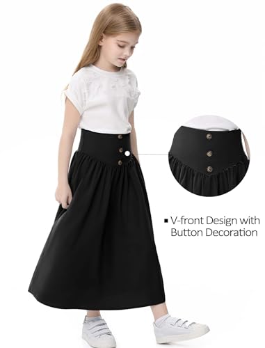 Image of Girl Maxi Skirt Elastic High Waist A-Line Long Skirt Smocked Waistband with Drawstring and Pockets 3-12 Years