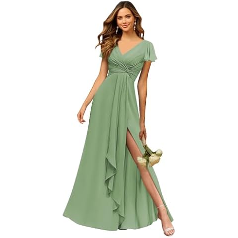 HANVAIOS V Neck Bridesmaid Dress Long Sage Green Ruffle Sleeve Empire Waist Chiffon Formal Dress with Slit Size 14 Cover