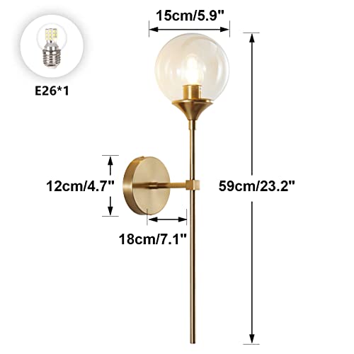 Image of BOKT Brass Gold Wall Sconce Lighting Set of 2 Mid Century Modern Long Globe Wall Sconce Light Set of Two Amber Glass Bathroom Vanity Light Fixture Bedroom Wall Lamp (Amber)
