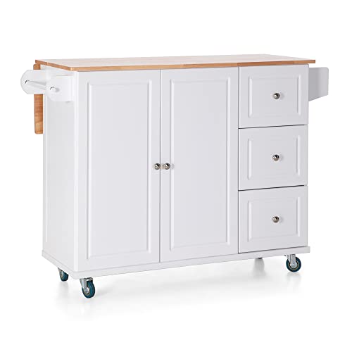 Sophia-William-Kitchen-Island-Cart-on-Wheels-with-Drop-Leaf-and-Rubber-Wood-Top-Rolling-Kitchen-Trolley-with-2-Door-Storage-Cabinet-3-Drawers-Towel-and-Spice-Rack-White Sophia William Kitchen Island Cart on Wheels with Drop Leaf and Rubber Wood Top Rolling Kitchen Trolley with 2 Door Storage Cabinet 3 Drawers Towel and Spice Rack White