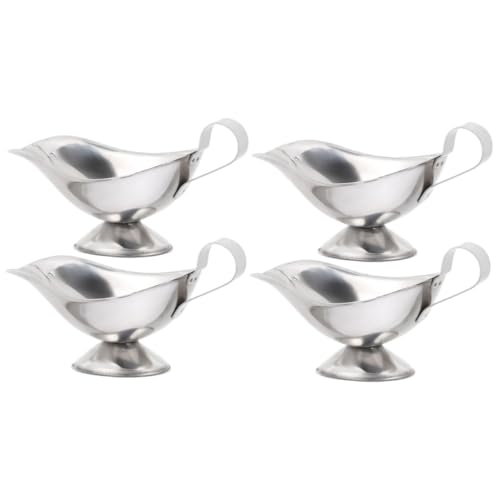 CHILDWEET 4 Pcs Juice Boat Gravy Bowl Sauce Cup Spout Seasoning Jar Puking Cat Gravy Boat Condiment Gravy Boat with Ladle Pot Oven Gravy Container Milk Gravy Boats 201 Stainless Steel Silver