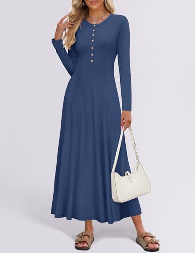 ZESICA Women's Elegant Maxi Dresses 2025 Fall Long Sleeve Button Casual A Line Boho Flowy Dress with Pockets2
