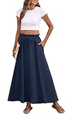 Askyes Womens Skirts Summer High Waisted A-Line Casual Work Tie Knot Flowy Swing Long Skirts with Pockets,Navy Blue,XL