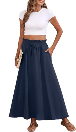 Askyes Womens Maxi Skirt Summer Tie Knot Elastic High Waisted Boho Casual Beach Flowy Swing Long Skirts with Pockets