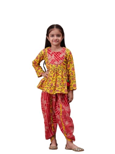 Pspeaches Girl's Cotton Dhoti Set (Dh-Yellowjaal-3-4Y_Yellow