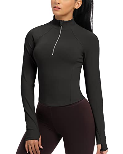 Colorskin Women's Cropped Athletic Jackets Half Zip Pullover Long Sleeve Workout Shirts Crop Tops For Running Yoga(Black,Medium) #TOP10