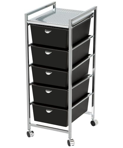 Pibbs D25 Heavy-Duty 5 Drawer Metal Salon Roller Cart - Portable Utility Trolley for Professional Salons & Spas - Heat-Resistant Top, Removable Storage Drawers, Smooth Wheels - Black