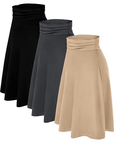 3 Pack Womens Midi Skirts Flowy Lightweight Knee Length Casual Elastic Waist Modest Flared Skirts Trendy Summer2