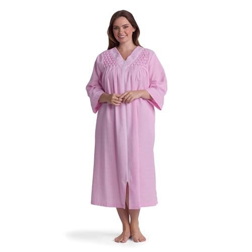 Image of Miss Elaine Long Seersucker Women's Robe, Pockets and Zipper with Front Embroidered Trim, Sleepwear & Loungewear