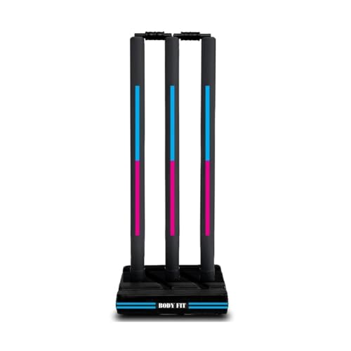 Image of Bodyfit Heavy Cricket Stumps | Plastic Wickets Set with 3 Stumps + 2 Bails + 1 Stand | Full Size Wickets for Cricket Ground, Tournament Wicket. (Black-BluePnk)