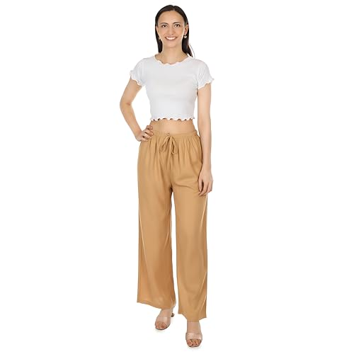 Image of Women's Rayon Palazzo Pants | Solid Color Wide Leg Trousers in 18 Shades | Elastic Waist Casual Bottoms XS-7XL | Comfortable