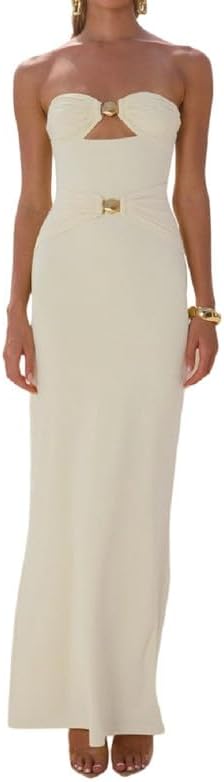 ROAONOCOMO Women Y2K Cut Out Tube Long Dress Strapless Bodycon Maxi Dress Backless Cocktail Party Bandeau Dresseses