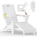 SUUNYN Folding Adirondack Chair with Retractable Ottoman, Weather Resistant Fire Pit Chair Patio Chair with 2 Cup Holder Lawn Outdoor Lounge Chair (White)