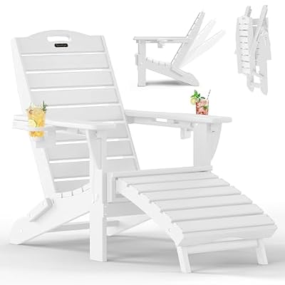 SUUNYN Folding Adirondack Chair with Retractable Ottoman, Weather Resistant Fire Pit Chair Patio Chair with 2 Cup Holder Lawn Outdoor Lounge Chair (White)