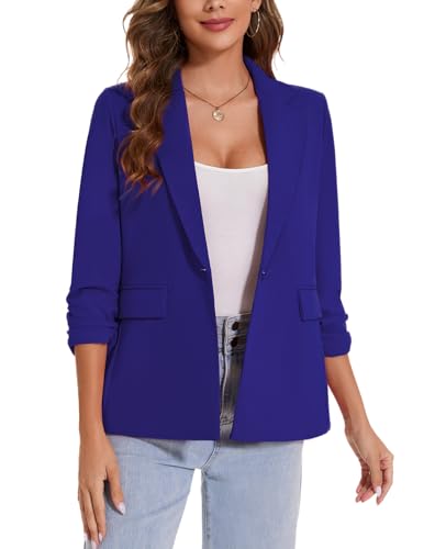 MINTLIMIT Womens Blazer 3/4 Ruched Sleeve Notch Lapel Business Work Blazers One Button Open Front Casual Jackets with Pockets2