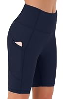 JOYSPELS Womens High Waist Cycling Shorts with Pockets Navy Blue L