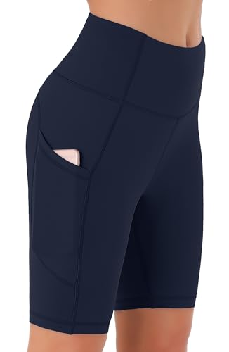 JOYSPELS Cycling Shorts Women with Pockets High Waisted Non See Through Womens Activewear Shorts for Gym Workout Running Yoga Sport Exercise UK Navy Blue M