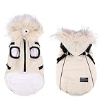 AttRex 犬服 綿服コート かわいい ペット服 ベスト 秋冬 ジャケット ダウン 裏起毛 ドッグウェア パーカー ハーネス付き 防寒 保温 厚手 小型犬 中型犬 ふわふわ 洋服 人気 着脱簡単 お出かけ お散歩 (M,ベージュ)