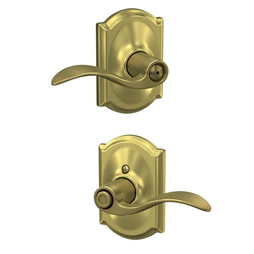 Image of SCHLAGE Accent Lever with Camelot Trim Bed and Bath Lock in Satin Brass - F40 ACC 608 CAM